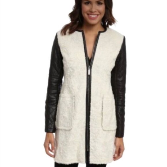 Vince Camuto cream & black shearling faux leather trench coat size  S - Picture 16 of 16